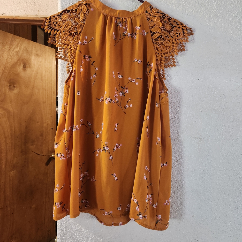 Express Mustard Floral Lace Sleeve Blouse